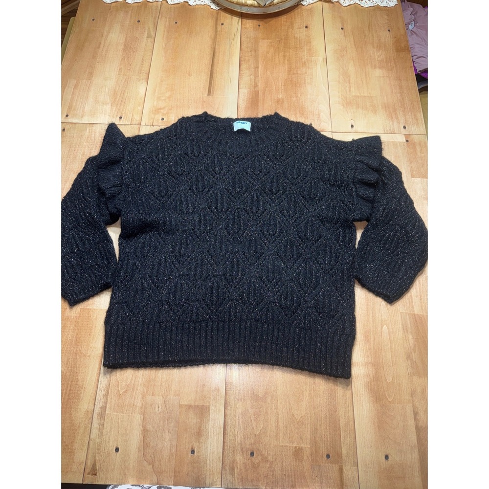 Old Navy Women's Black Sparkle Knit Sweater Cold Shoulder Ruffle Sleeve XX Large